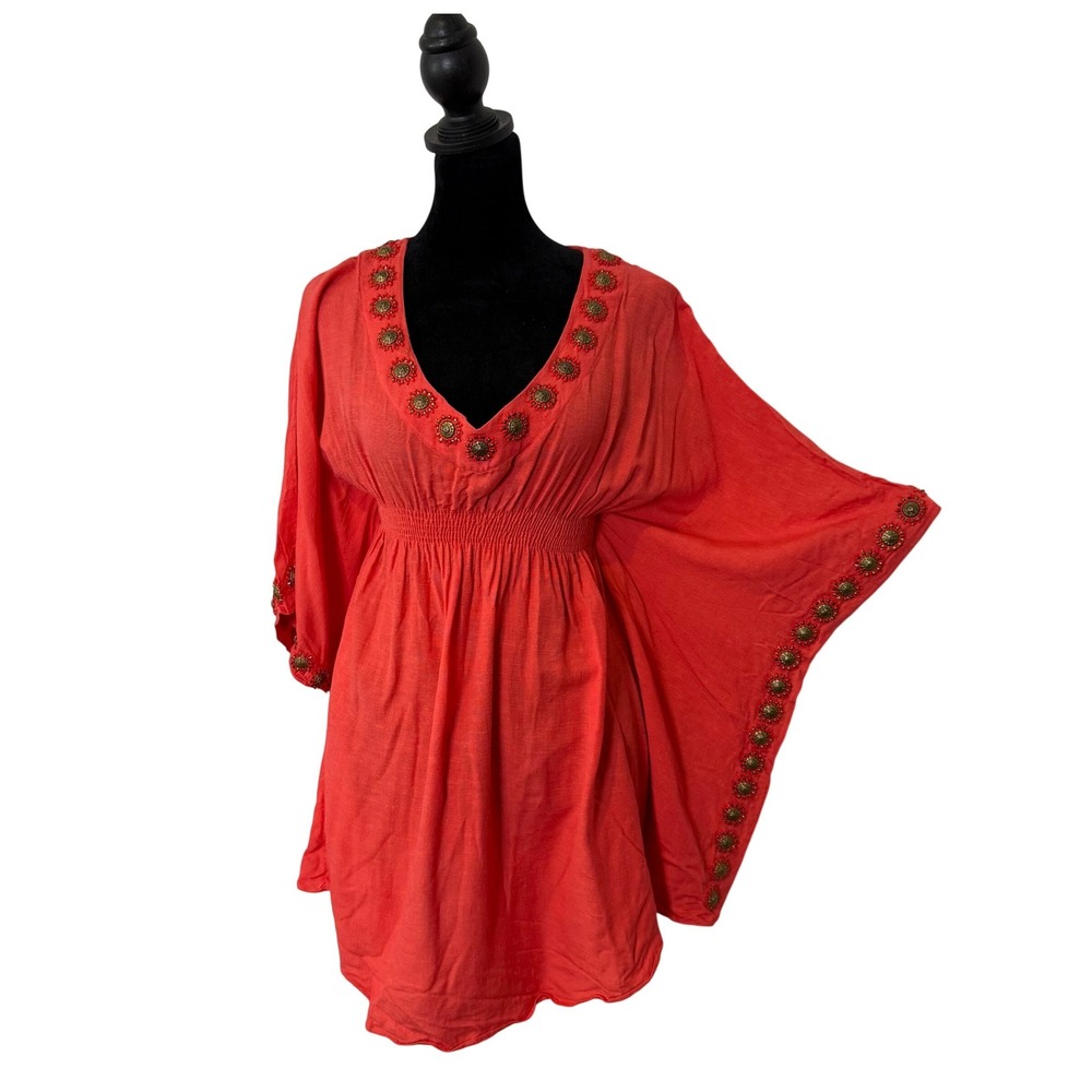 Melissa Odabash Beaded Caftan Tunic Top Dress Size M Resortwear Smocked BOHO